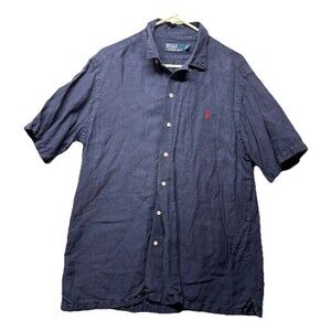 Polo Ralph Lauren Shirt Mens Large Blue Silk Linen Button Up Short Slv Pony VTG